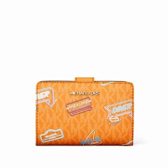 New Michael Kors Jet Set Printed Signature Logo Bi-Fold Medium Wallet Pop Orange - Picture 1 of 5